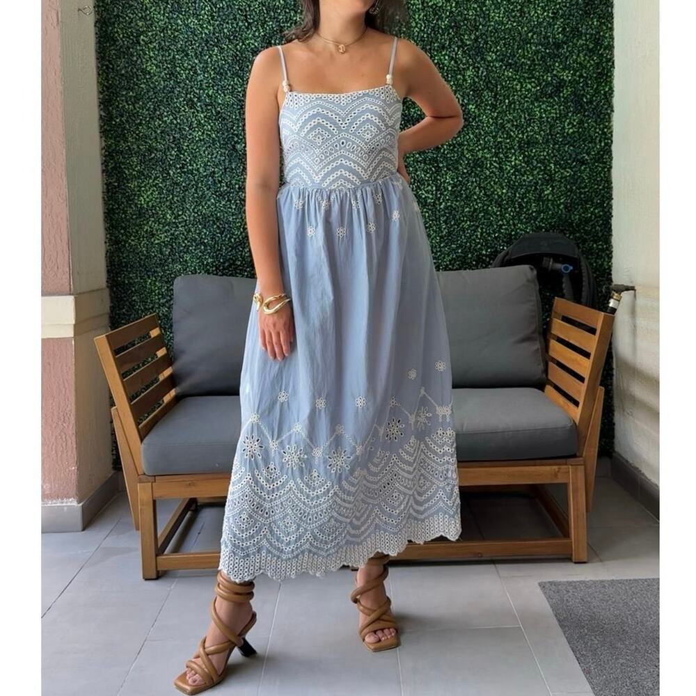 Commense Embroidered Eyelet Cami Dress Blue Midi Summer Dress size S